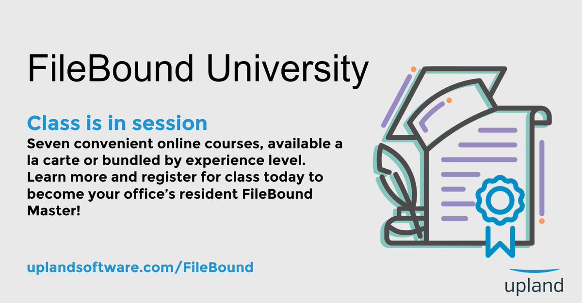FileBound's tweet image. New to FileBound, or looking for a refresher? We're all about 100% #Customer Success - in fact, our robust #FileBoundU online classes are designed with your achievement in mind. 7 classes, endless possibilities! Register here: bit.ly/2SuU2qX #CX