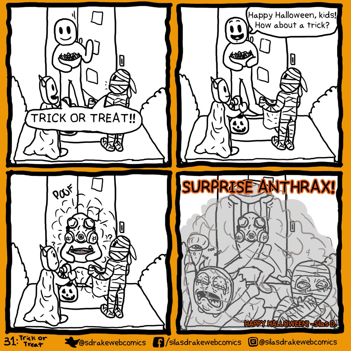 sdrakewebcomics's tweet photo. Happy #Halloween ! This is my submission for #day31 of #comictober2019 .
.
.
.
#webcomic #webcomicartist #funnycartoon #cartoons #comicartwork #comic #comicseries #dailycomic #comictober #artchallenge #artist #comicpanels #october #trickortreat #trick #anthrax #costumes #gasmask https://t.co/pApBTqW8oM