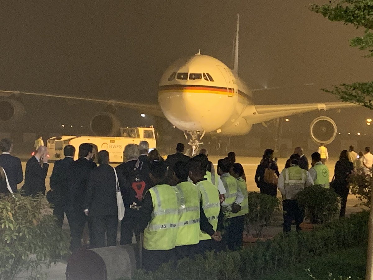 WalterJLindner's tweet photo. At 21:35 German Airbus with Chancellor Angela Merkel and Ministerial delegation on board touched down in New Delhi. The Chancellor‘s 4th visit to India and her 5th meeting with PM Modi within a year... https://t.co/En4G0bFbPf