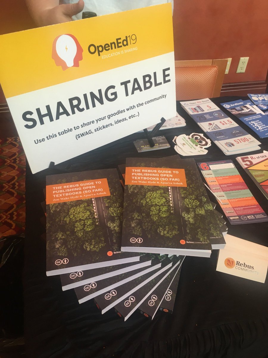 RebusFoundation's tweet photo. At #OpenEd19 and not got your hands on a copy of the Rebus Guide to Publishing Open Textbooks (So Far) yet? Find @zwhnz or Apurva in the hallways, or drop by the sharing table near Aurora AB and take home a treat! https://t.co/yGhTLkuHy4