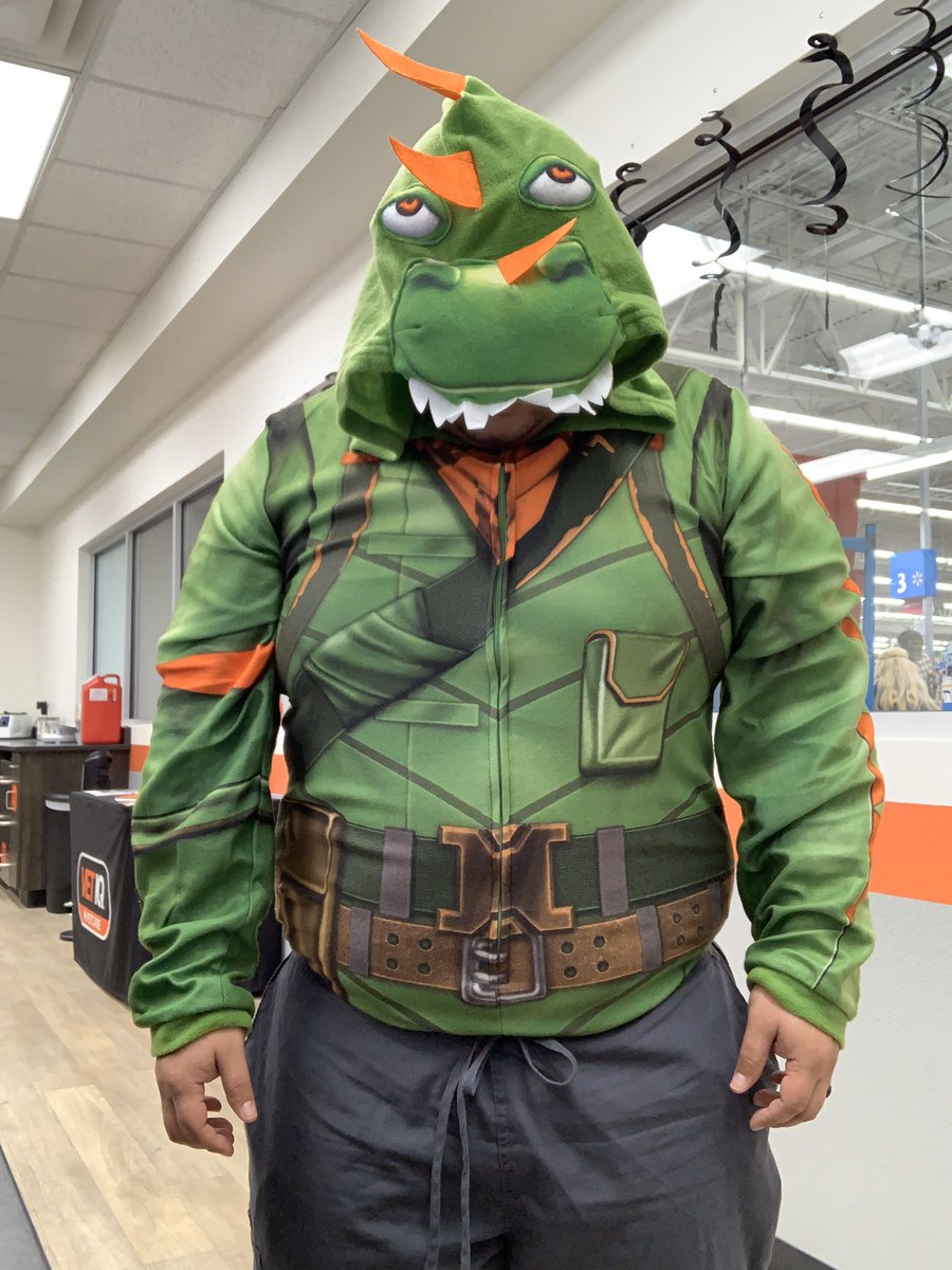 AztecLobo21's tweet photo. My work said I could wear a costume today.....WHERE WE DROPPIN BOYS! #fortnite #rexy #halloween #vettech #rexskin https://t.co/KO6GqPgiLX