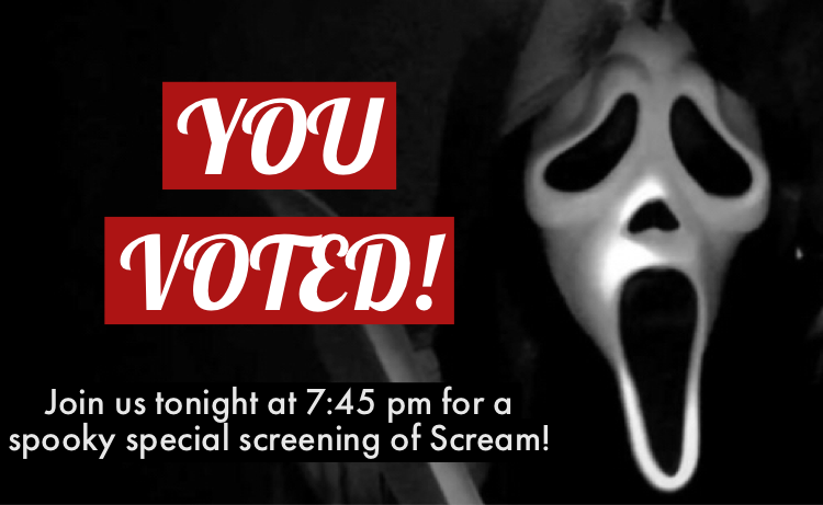 DehopC's tweet photo. 🎃 YOU VOTED! 🎃 It was a very close call, but SCREAM is the winner! 🕸😱 Join us tonight in our theater room, grab a craft beer from the bar, order food to snack on, &amp; enjoy the spooky special screening on this rainy Halloween night! 🍻🍿 https://t.co/gWmNiEDW3K