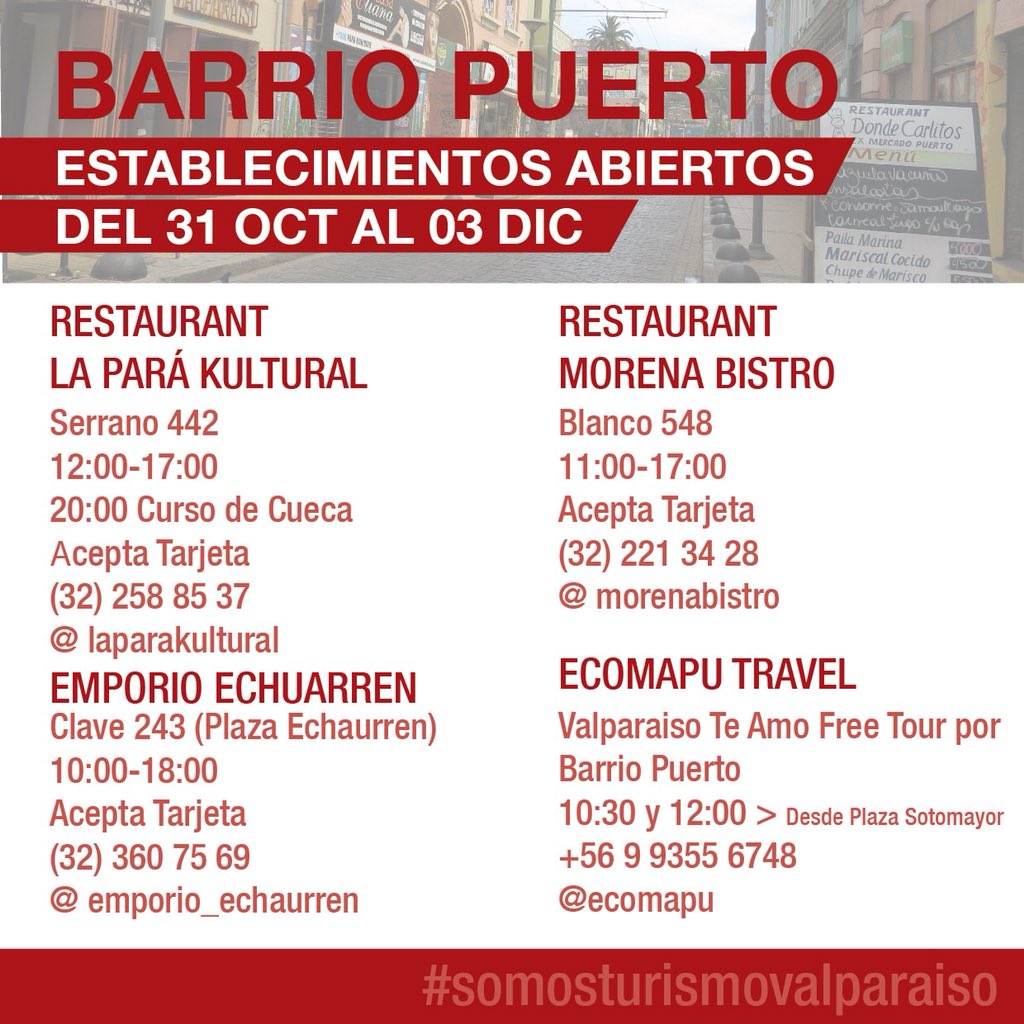 valpoturistico's tweet photo. 🥂BARRIO PUERTO🍲

🌮 Te informamos de los servicios y establecimientos abiertos para este fin de semana largo. 

#somosturismovalparaiso y queremos verte #disfrutandoValparaiso.   

#valparaisopoh #valparaíso #alcaldíaciudadana https://t.co/bCBvpFX6Gx