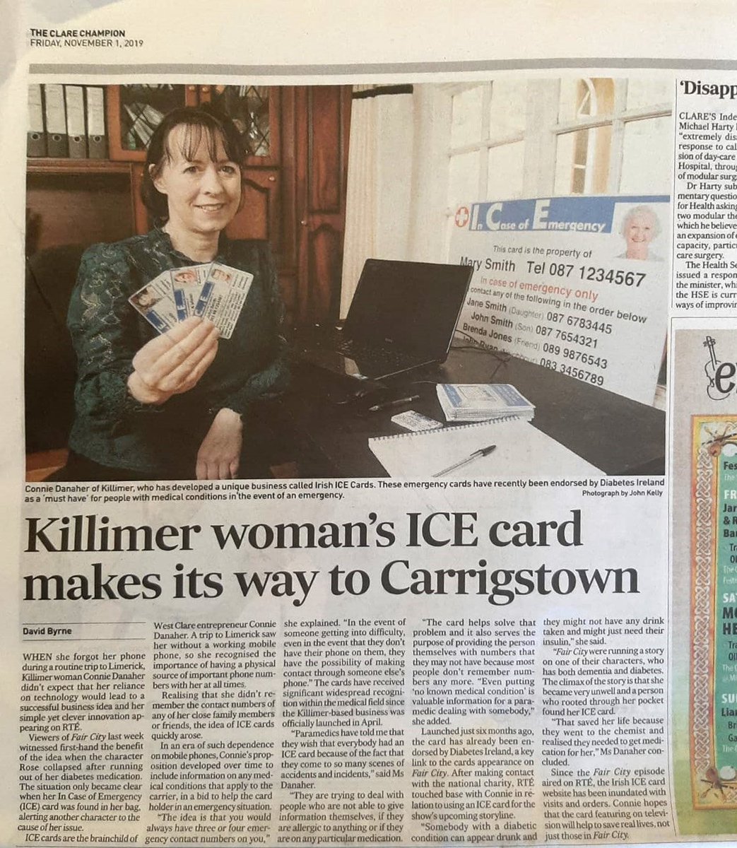 IrishICEcards's tweet photo. We are proud to be featured in The Clare Champion today. We have had a whirlwind week with our #IrishICECards featuring on RTÉ One’s #FairCity and on local media. Thank you all for your support. We really believe in this simple product that can save a life. #incaseofemergency https://t.co/AYRiUGafTH