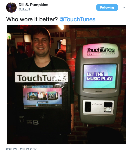 TouchTunes's tweet photo. Still the best #Halloween costume of all time! π @_ike_ill #TouchTunes #JukeboxLife https://t.co/6HikYO8IJi