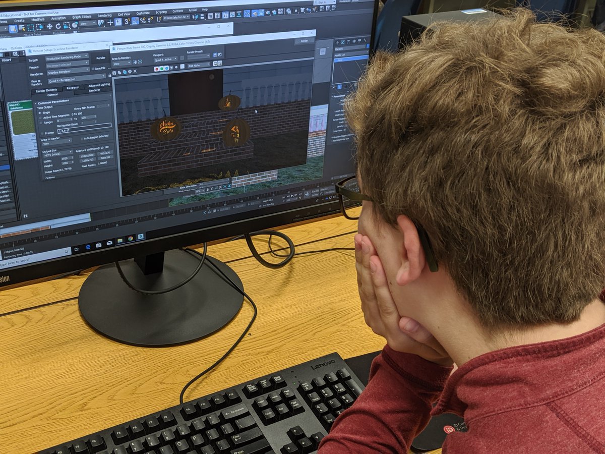 HPCGameDev's tweet photo. We're in the Halloween spirit in modeling class this week, and learning about the BOOlean compound object. Here is Sam with his pumpkin scene. #3DSMax #ChangeToEmpower #believeinGCSCTE @GCS_CTE https://t.co/GH6WsQH9yL