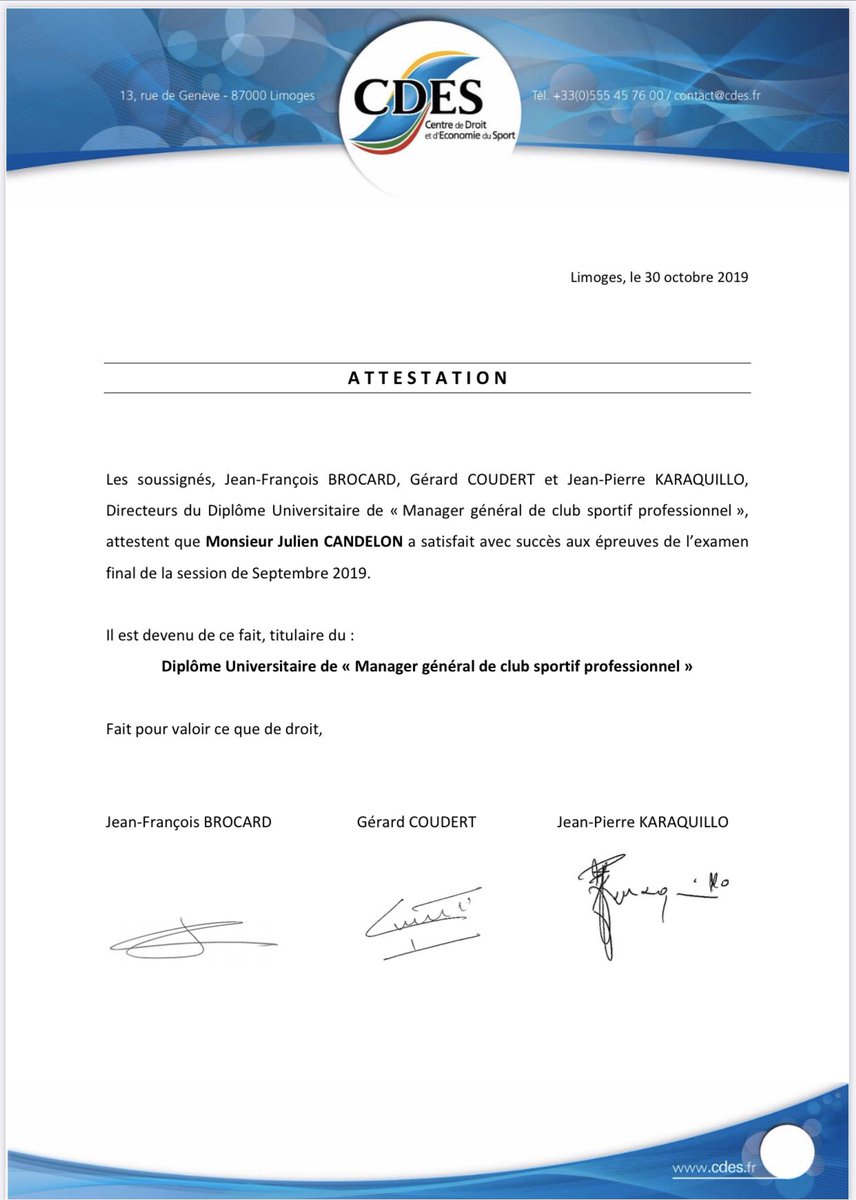 JulienCandelon's tweet photo. Done ✅ 
Après 2 ans de formation les résultats sont tombés. 
Très heureux d’être Diplômé du D.U de Manager Sportif de Club Sportif Professionnel. 📜🎓
Merci à @CDESLimoges pour ces deux années inoubliables. #MG10
Rendez-vous début janvier pour la remise à @LaToussuire https://t.co/srFwzXQT3m