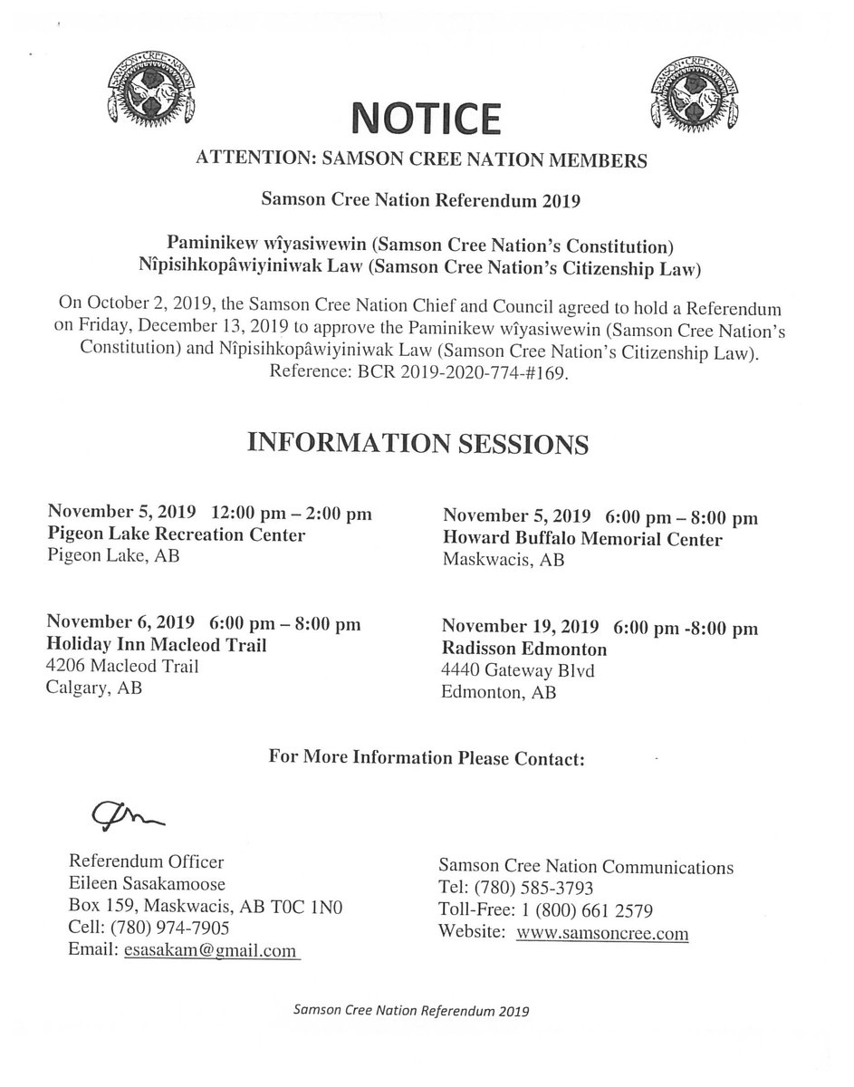 SamsonCree's tweet photo. @SamsonCree #Referendum2019 Upcoming Information Sessions: #Edmonton #Calgary @stevesaddleback 
@klevlinc #PigeonLake #MameoBeach #SamsonCree
Please see poster for location, date and time. https://t.co/EZ5lfeeOlH