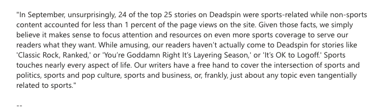 Yikes G/O Media just released a statement criticizing the traffic on non-sports Deadspin stories: 'While amusing, our readers haven’t actually come to Deadspin for stories like 'Classic Rock, Ranked,' or 'You’re Goddamn Right It’s Layering Season,' or 'It’s OK to Logoff.' '