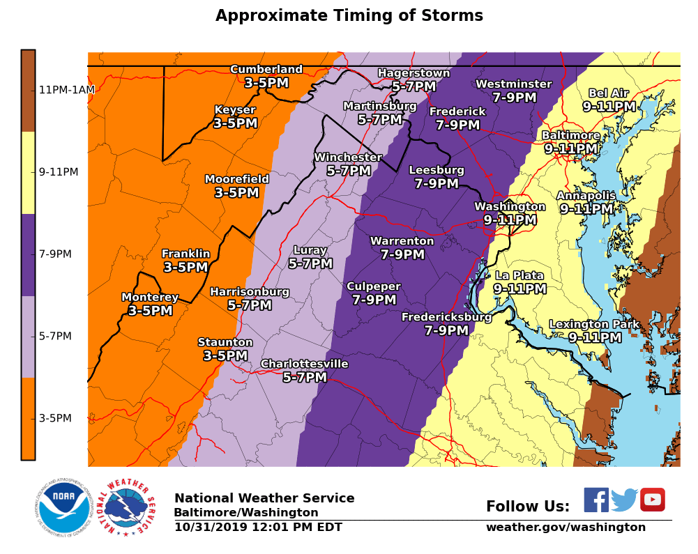 NWS_BaltWash's tweet photo. A line of thunderstorms is expected later this afternoon and evening. These thunderstorms may contain heavy rain, locally damaging wind gusts, &amp; possibly a few tornadoes. See the second image for more detailed timing information. Stay weather aware &amp; heed any warnings. https://t.co/svF7kZczEw