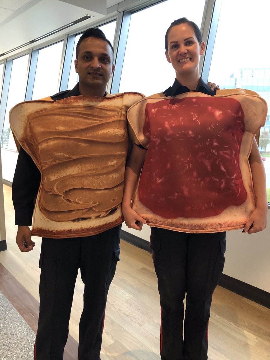 PeelPolice's tweet photo. We go together like PB and J! @OfficerMooken @OfficerSarah1 Wishing everyone a safe and happy #halloween2019 Reminding drivers to be extra aware of your surroundings with all the kids out tonight. #slowdown https://t.co/e5d9sKBc2s