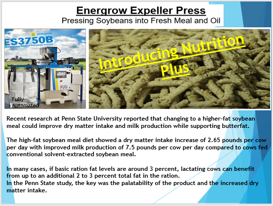 We installed the Energrow System on our farm a year ago and based on actual costs and income from our D.F.O. records our Income Over Feed Costs (I.O.F.C.) show a net gain of $5.23/cow/day with the Dairy-Plus program.      
                                      Elmira,Ontario