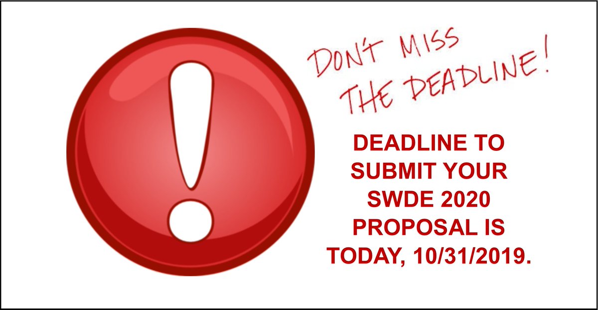 SWDEConference's tweet photo. TODAY is the LAST DAY to submit your SWDE 2020 proposal. Deadline to submit is October 31, 2019. Visit our web page at https://t.co/cWlrVvixLM for more information on how to submit your proposal. #SWDE2020 #Worden #Socialwork #DistanceEd https://t.co/pboXkcRTiH