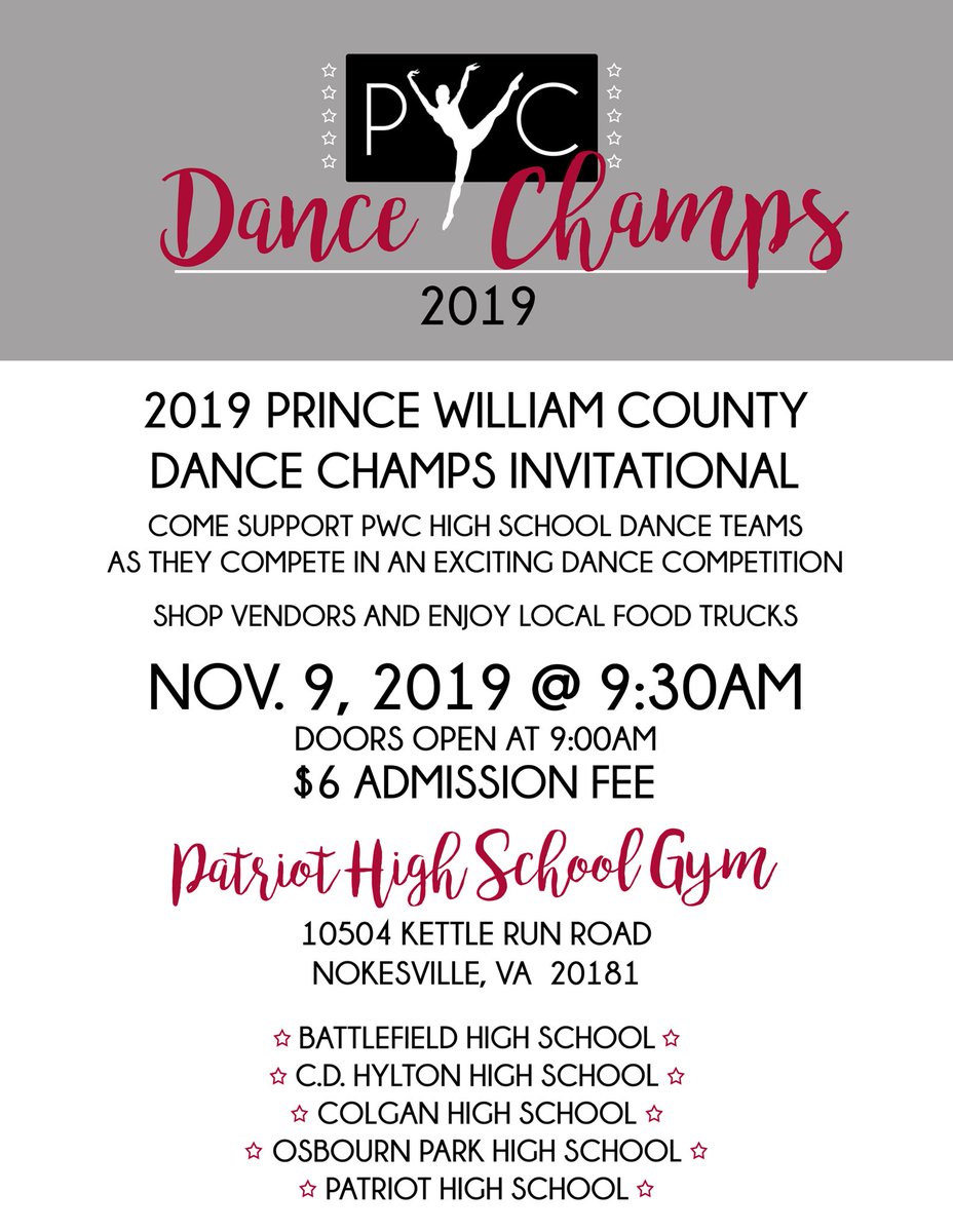 Hey Pioneers, next Saturday( the 9th)  is the annual PWC Dance Champs!!! Come watch us take on our local schools and hopefully take home grand champion this year! There will be food trucks  and vendors please come out and support your dance team!!🎊🎉🎉
