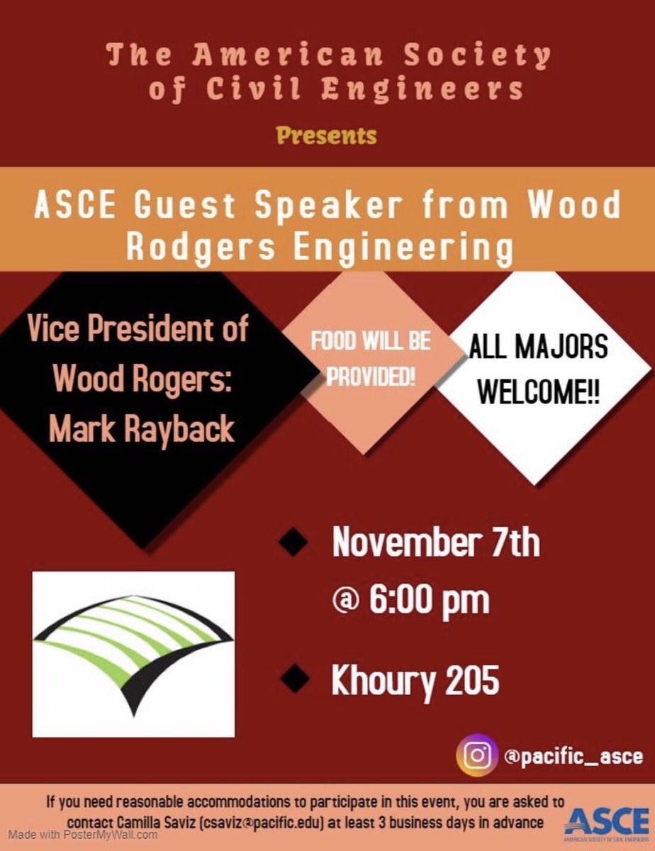 Attention #PacificSOECS Students 🙌🏼 SAVE THE DATE: November 7, 6 PM in Khoury Hall RM 205! @pacific_asce is hosting Guest Speaker, Mark Rayback, VP of Wood Rodgers Engineering! ✨Food will be provided and all majors are welcome to attend!! Hope to see you there! 🙌🏼
