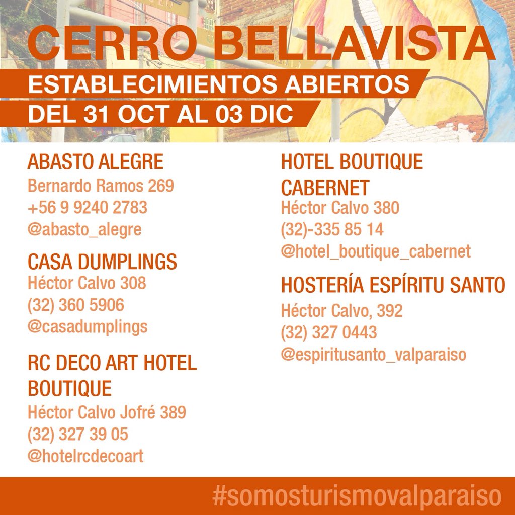 valpoturistico's tweet photo. 🌼#CERROBELLAVISTA🥂

Informamos sobre los servicios y establecimientos abiertos en este hermoso cerro.

Aquí puedes encontrar La Sebastiana, casa de nuestro premio Nobel, Pablo Neruda (atiende hasta las 14 hrs todo el fds largo)📚

 #SomosTurismoValparaiso ✨Los esperamos✊🏻 https://t.co/toeOn2kxsw