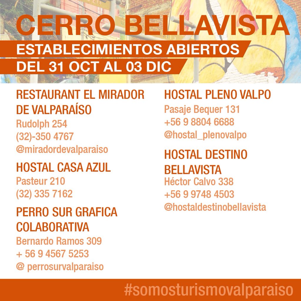 valpoturistico's tweet photo. 🌼#CERROBELLAVISTA🥂

Informamos sobre los servicios y establecimientos abiertos en este hermoso cerro.

Aquí puedes encontrar La Sebastiana, casa de nuestro premio Nobel, Pablo Neruda (atiende hasta las 14 hrs todo el fds largo)📚

 #SomosTurismoValparaiso ✨Los esperamos✊🏻 https://t.co/toeOn2kxsw