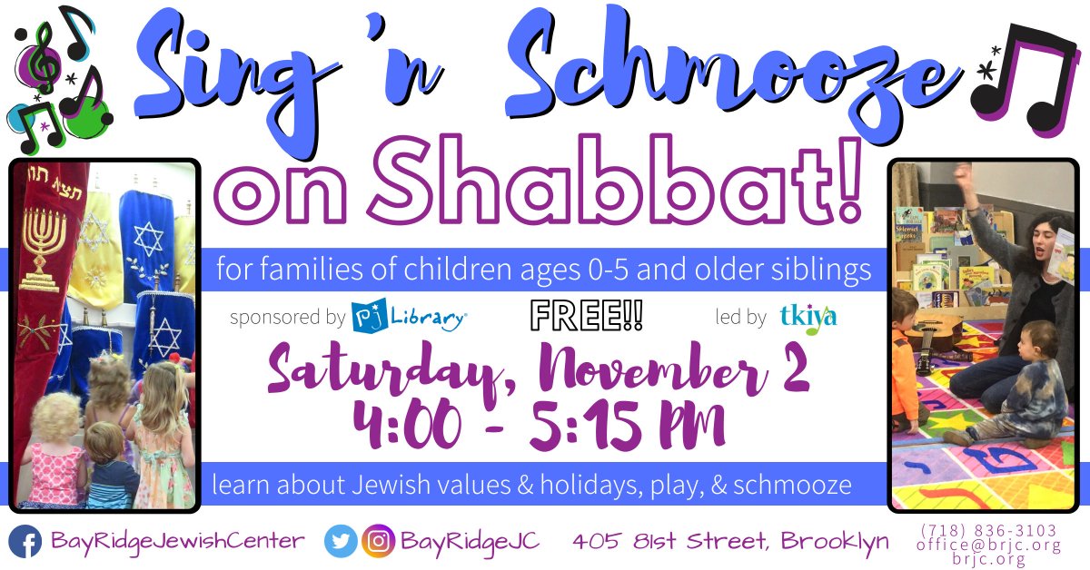 Don't miss our next Sing 'n Schmooze on #Shabbat, this Sat. Nov. 2 @ 4 - 5:15 PM, for little ones (ages 0-5) &amp; older siblings. Singing &amp; games led by <a href="/TkiyaMusic/">Tkiya Music</a>. Refreshments &amp; plenty of schmooze time for parents, too. FREE, sponsored by <a href="/PJLibrary/">PJ Library</a>! #bayridge