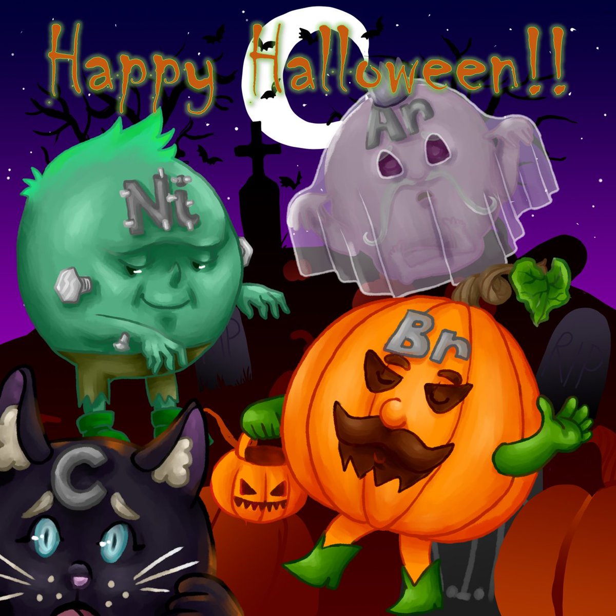 element_unleash's tweet photo. Happy Halloween everyone! Here's a chemistry joke written by my bro:

Which are the spookiest elements?
The Noble gases!
Why?
Because you see them one minute but when you turn around again they Argon!

Featuring Black Cat Carbon, Pumpkine Bromine, FrankenNickel and Arhhhhhhhgon! https://t.co/pbNrgVBhxk