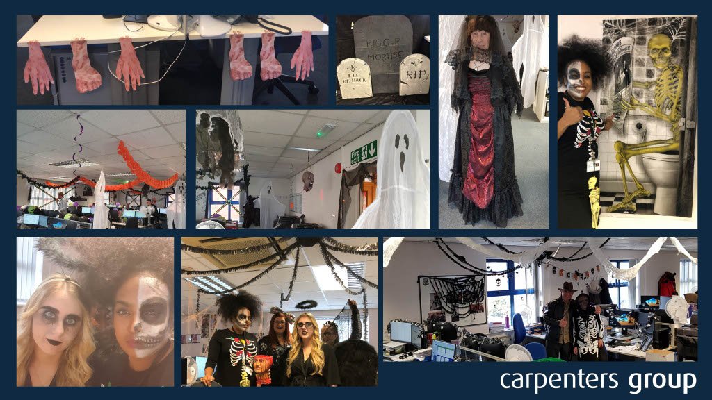 CarpentersGroup's tweet photo. Our teams across our Merseyside offices have made a FANGtastic effort this year for Halloween🎃 #HappyHalloween #SquadGhouls #CreepingItReal #HalloweenSquad #HavingAGourdTime #IfYouveGotItHauntIt #Unboolievable #WickedBunch #HowManyCostumesIsTooMany https://t.co/jF1E6bwjPH