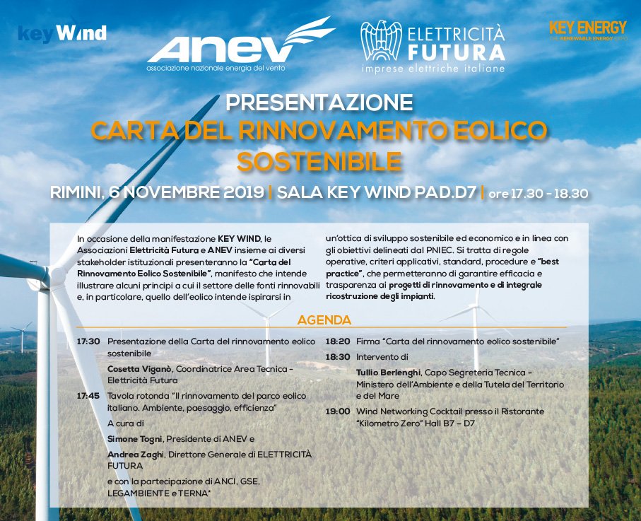 AnevEolico's tweet photo. #6novembre a Rimini a @KeyEnergyit si firmerร la "Carta del rinnovamento eolico sostenibile" #rinnovamento #repowering #eolico #energia #ambiente #KE2019 #KeyWind #KeyEnergy https://t.co/YheOFs3oSd