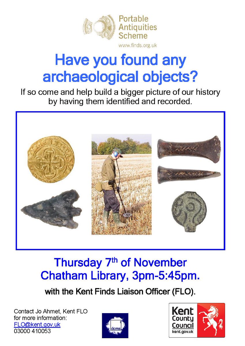 Kent_Finds's tweet photo. #Medway and western #Swale Finders the FLO will be with you soon have no fear!
Get your finds recorded and ID'd at the #FindsSurgery on the 7th of November 3-6pm at Chatham Library!
#RecordYourfinds
#ResponsibleDetecting https://t.co/3E2DWplWci