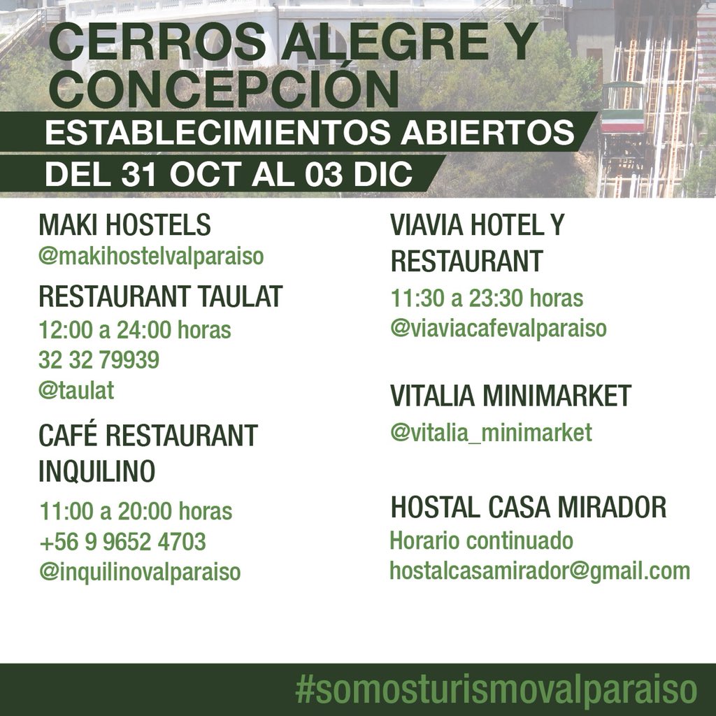 valpoturistico's tweet photo. 🚠CERROS ALEGRE Y CONCEPCIÓN🥂

☝🏻Informamos a nuestros #valpolovers los servicios y establecimientos abiertos en estos preciosos cerros. 

Ojo, @museobaburizza estará abierto hasta las 16 horas@este fds largo 👨🏾‍🎨👩🏾‍🎨

#SomosTurismoValparaiso y queremos verte #disfrutandoValparaíso https://t.co/cKbDb7wLvk