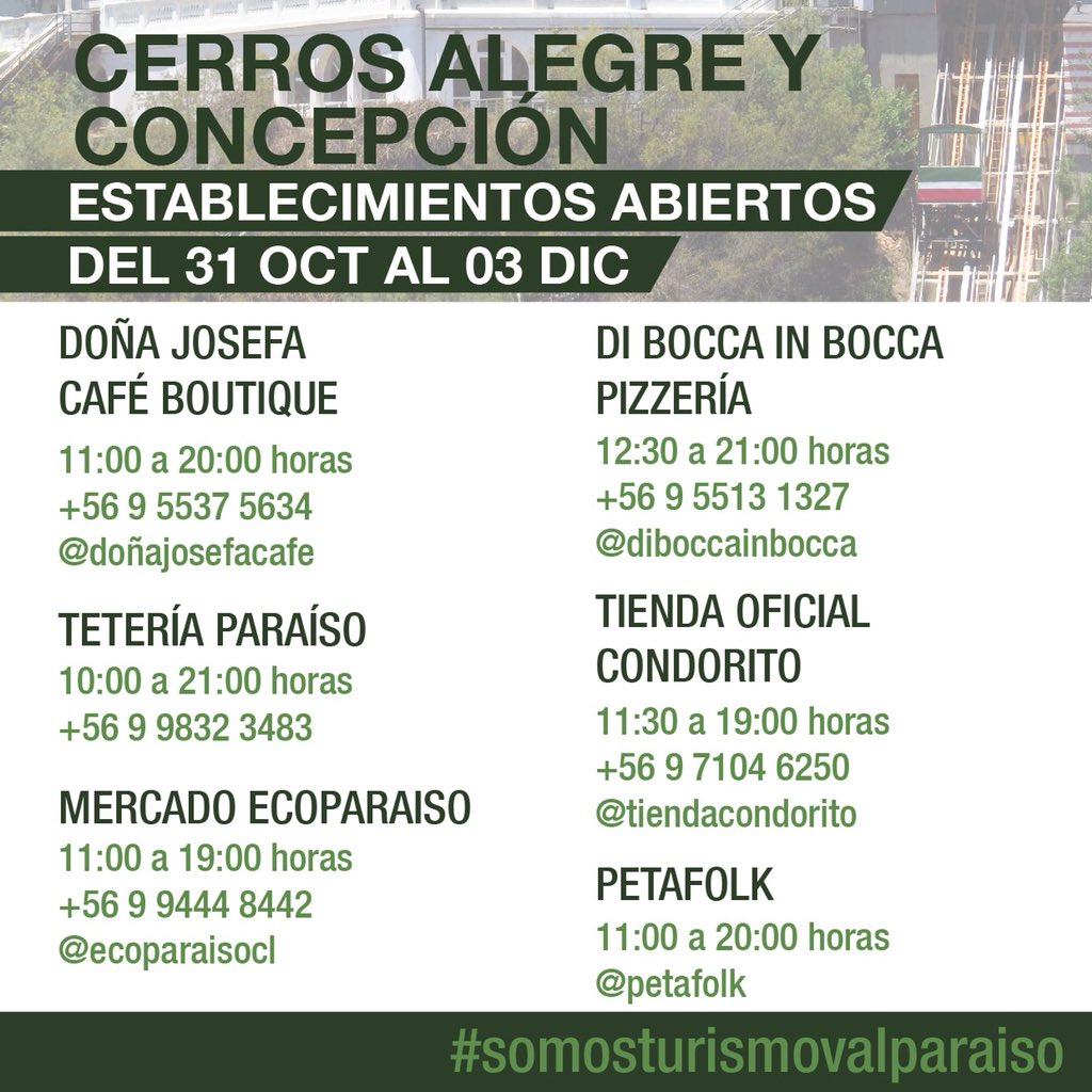 valpoturistico's tweet photo. 🚠CERROS ALEGRE Y CONCEPCIÓN🥂

☝🏻Informamos a nuestros #valpolovers los servicios y establecimientos abiertos en estos preciosos cerros. 

Ojo, @museobaburizza estará abierto hasta las 16 horas@este fds largo 👨🏾‍🎨👩🏾‍🎨

#SomosTurismoValparaiso y queremos verte #disfrutandoValparaíso https://t.co/cKbDb7wLvk