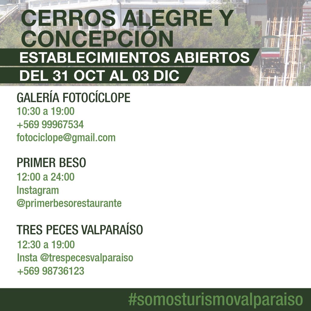 valpoturistico's tweet photo. 🚠CERROS ALEGRE Y CONCEPCIÓN🥂

☝🏻Informamos a nuestros #valpolovers los servicios y establecimientos abiertos en estos preciosos cerros. 

Ojo, @museobaburizza estará abierto hasta las 16 horas@este fds largo 👨🏾‍🎨👩🏾‍🎨

#SomosTurismoValparaiso y queremos verte #disfrutandoValparaíso https://t.co/cKbDb7wLvk