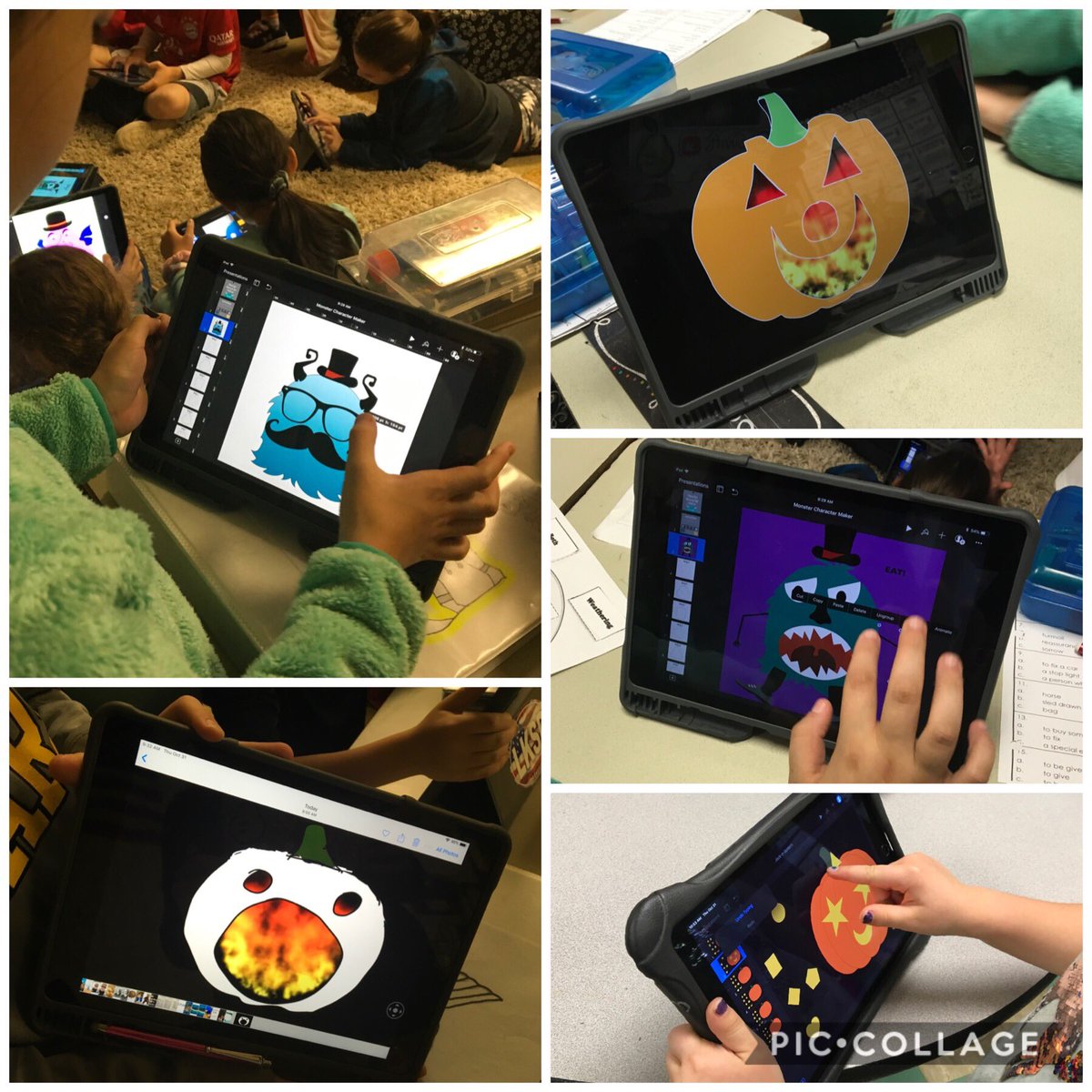 MerkleJill's tweet photo. So much Halloween fun with #keynote today! Thanks to @MrsLauraW for the monster template &amp; thanks to @mrpielee for the flaming pumpkin idea. @UA_Schools @AppleEDU #EveryoneCanCreate @mdeniselutz @greensview_elem https://t.co/hFFnAbSPjd