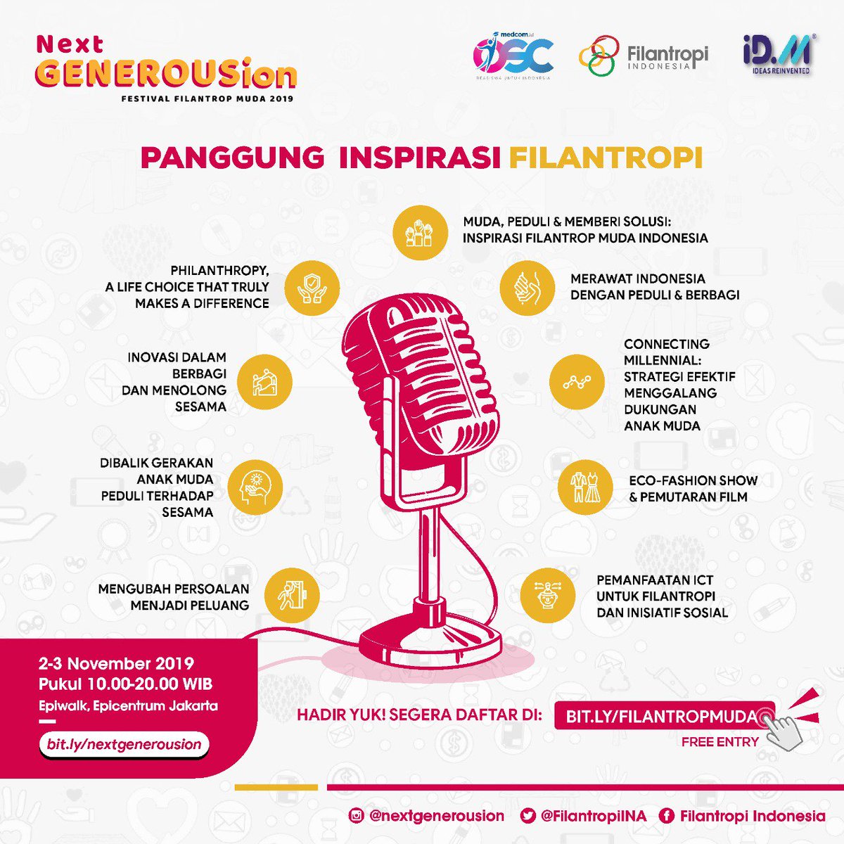 BeasiswaOSC's tweet photo. Halo #FilantropMuda, weekend ini belum ada acara? Yuk datang Next GENEROUSion Festival Filantrop Muda 2019.
Yuk berkontribusi & mendapat inspirasi dari aksi sosial anak muda di Indonesia.
π 2 - 3 November 2019
π Epicentrum Jakarta
#FilantropMuda
#mudaberkontribusi https://t.co/7shNRpGgRi
