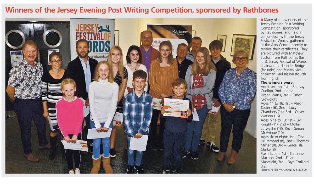 @Rathbones1742 in Jersey sponsored the 2019 @JEPnews Writing Competition which was run in conjunction with the #JerseyFestivalofWords. Judges included bestselling author @peterjamesuk and @LeBiss #greatstories #worthywinners #166entries