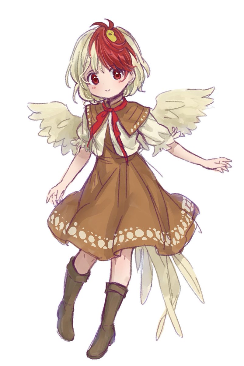 niwatari kutaka 1girl wings chick blonde hair solo red hair animal on head  illustration images