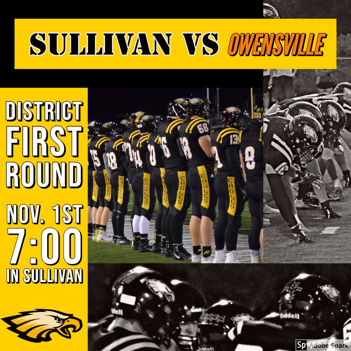 sullivaneagles's tweet photo. Friday, Nov 1st cheer on the Eagles in Round 1 of Class 3, District 2 Football vs. Owensville.  Kickoff at 7 pm! https://t.co/amPRdOdwEd