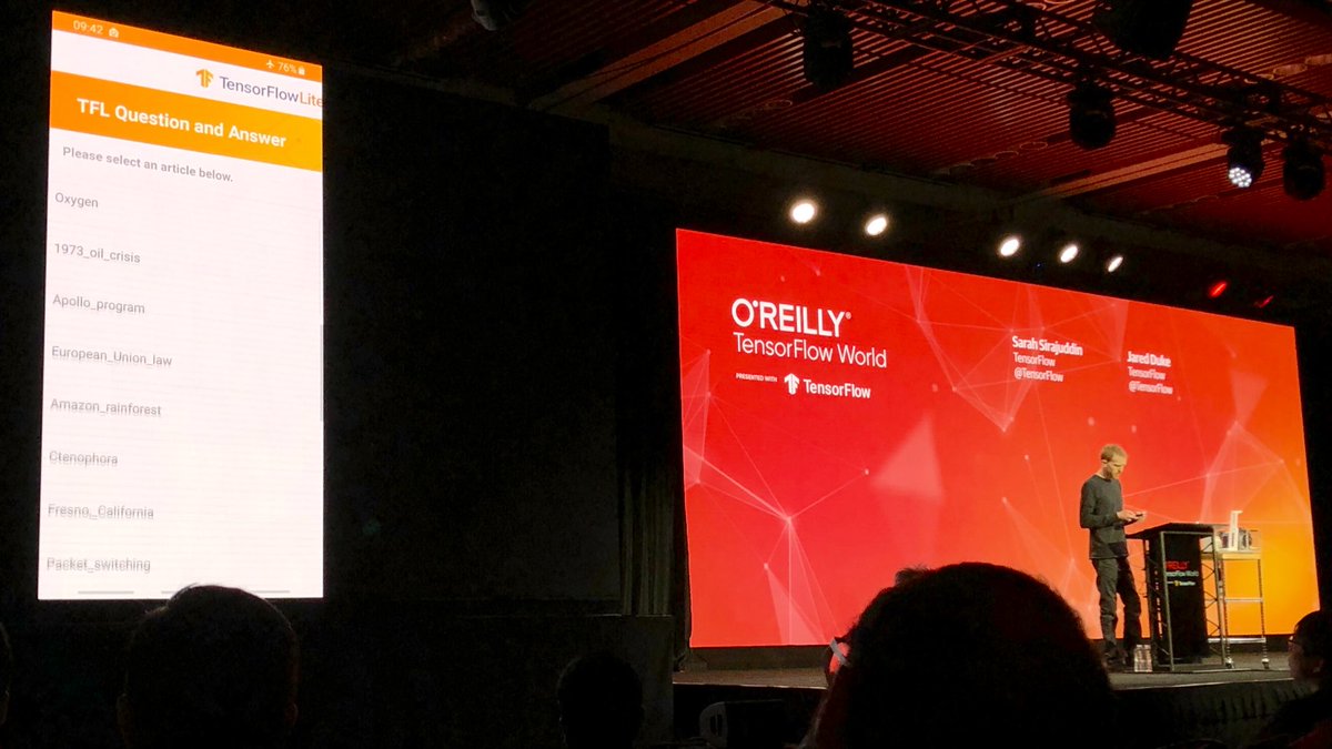 aallan's tweet image. Fairly solid Mobile BERT model demo on stage, with the phone running in airplane mode, using #TensorFlowLite. #TFWorld