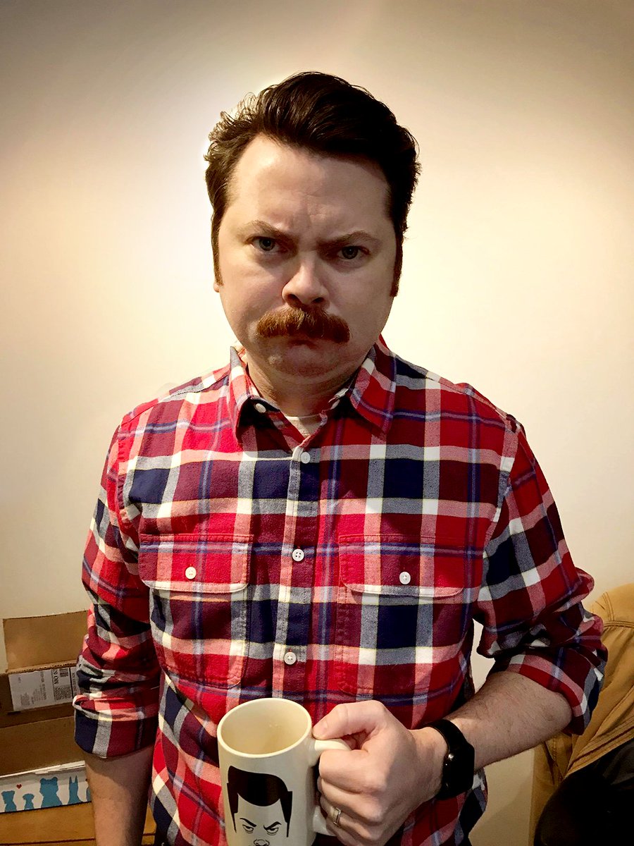 NEGATIV_SPC's tweet photo. In my stream last night, I said I would be disappointed if my coworker who looks like @Nick_Offerman didn't dress up like #RonSwanson today. He did not disappoint!

And no, this is not a Photoshopped pic, it is 100% legit! https://t.co/9TEm8leisG