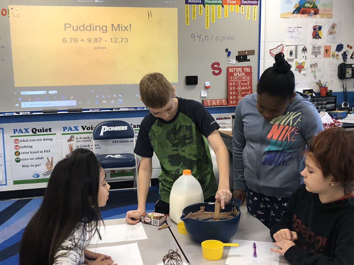 MsSGruner's tweet photo. Making dirt pudding for Halloween! The 5th graders had to collaborate to find the right amount of each ingredient to add. #5thgrade #math #collaboration #dirtpudding https://t.co/tpQnhvCm8Z