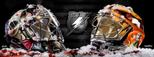 getthegate's tweet photo. #ThrowbackThursday to this date in 2008 with #MikeSmith and #OlafKolzig sporting masks for the Saw movie franchise as Mark Berg was involved with the movie and part owner of the #bolts #HockeyHalloween https://t.co/2C3cxPBohI