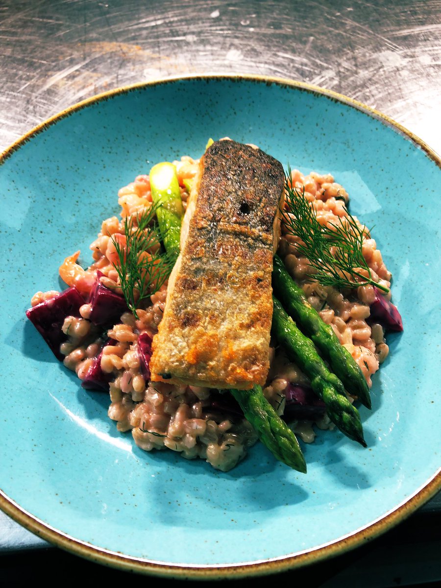 Prawn, Beetroot Pearl Barley Risotto Topped with Pan Fried Salmon and Asparagus #organic beetroot <a href="/Clashduff/">ringsfarm.ie</a> thank you Sean.