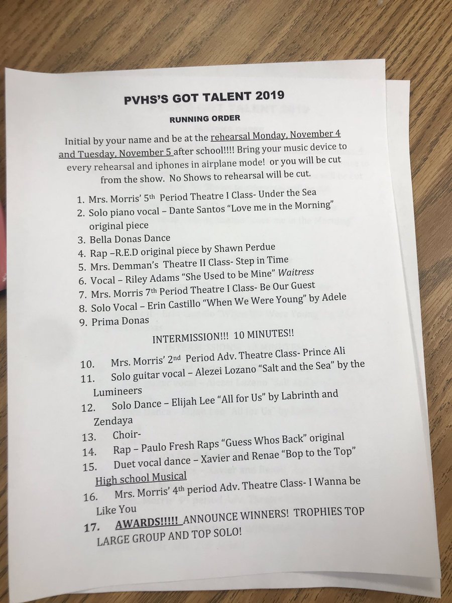 PVHSTheatre's tweet photo. TALENT SHOW LINE UP! Remember rehearsals on Monday and Tuesday 💚🖤 if you do not initial, bring music or show up, you will be cut!!! https://t.co/hZNgL6gQus