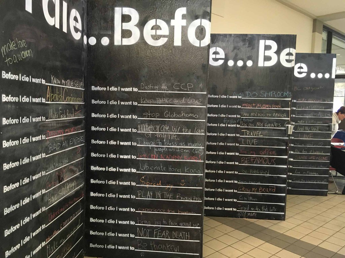 access2care's tweet photo. Arrived this morning to a COMPLETELY FULL #BeforeIDie wall @uvic SUB! Some amazing responses:
"Know I did something with my life"
"Heal the land"
"Forgive my father"
"Be a good ma"
"Do shrooms (legally)"
"Turn my impulsivity into a superpower" https://t.co/h2owAfjA55