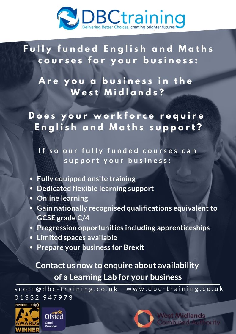 Derbybusco's tweet photo. All #WestMidlands businesses are eligible for funded #English and #maths courses ✍️Improve your employees report writing, health & safety compliance, understanding of data 📈#ThinkSkills #ThinkDBC #ReadyforBrexit #AEB, #AdultEducation @WestMids_CA https://t.co/7yHWgWU6yi