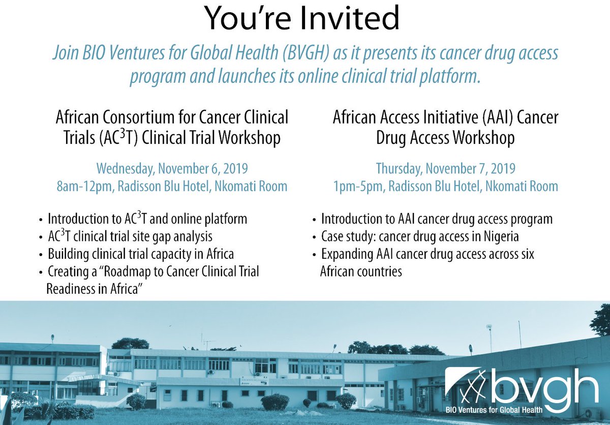BIOVentures's tweet photo. Join @BIOVentures  at next week's @AORTIC_AFRICA conference for our two workshops: Nov. 6 - Launching our online clinical trial platform; and Nov. 7 - Presenting our #AAI #cancer drug access program. https://t.co/YntFwVNBH5