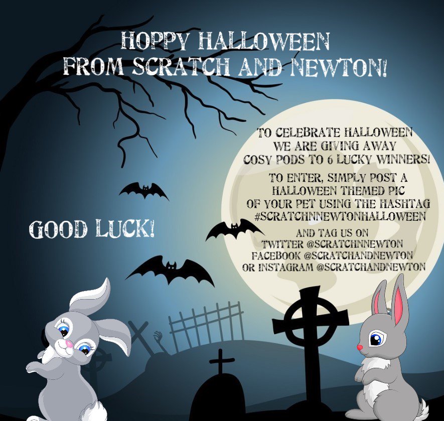 scratchnnewton's tweet photo. Hoppy Halloween
6 Lucky pets are in with a chance to win one of our Cosy Pods
To enter Simply post a Halloween themed pic of your pets and tag us
UK entries only, closing date 8th Nov 2019: good luck!
https://t.co/0iaQQkeTvs https://t.co/qP5uvA5Fc6