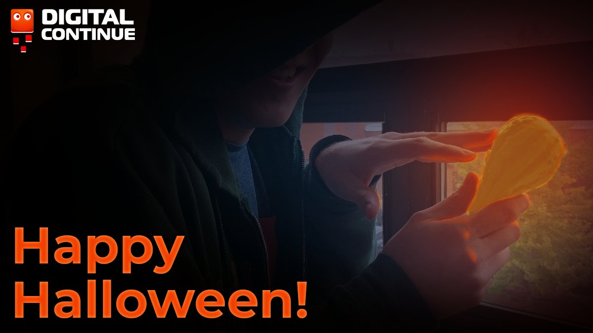digitalcontinue's tweet photo. It's finally Halloween! We're celebrating with this spooky gourd we got at the store (modeled by our resident QA wizard, Colin). What sort of ghoulishly delightful things are you up to today?
#DigitalContinue #NYMakesGames #videogames https://t.co/hROVxg05fk