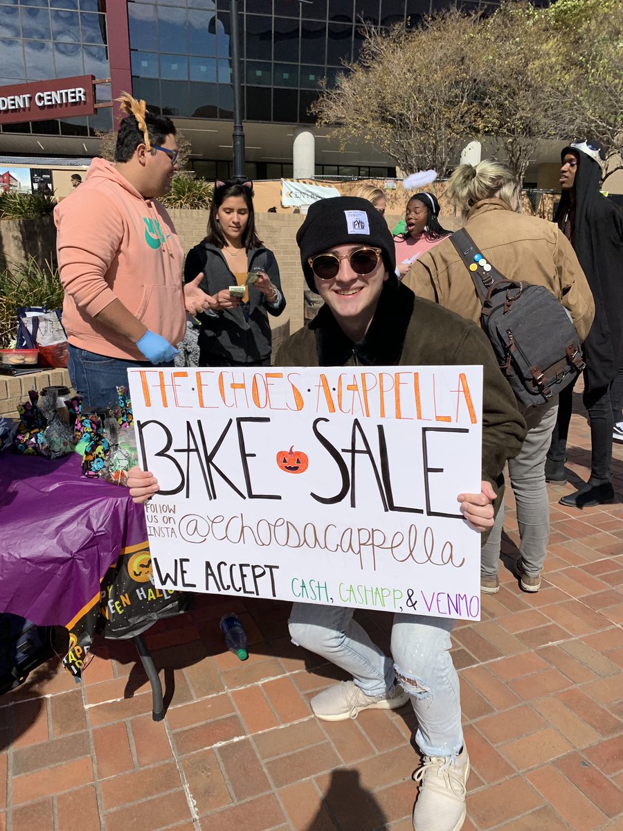 🧁~SPOOKY~BAKE SALE🍪 Happening right now in the Mall!! We’re also selling stickers and buttons! If you post us, you can get a free cookie 😋 Tell your friends!! #TXST