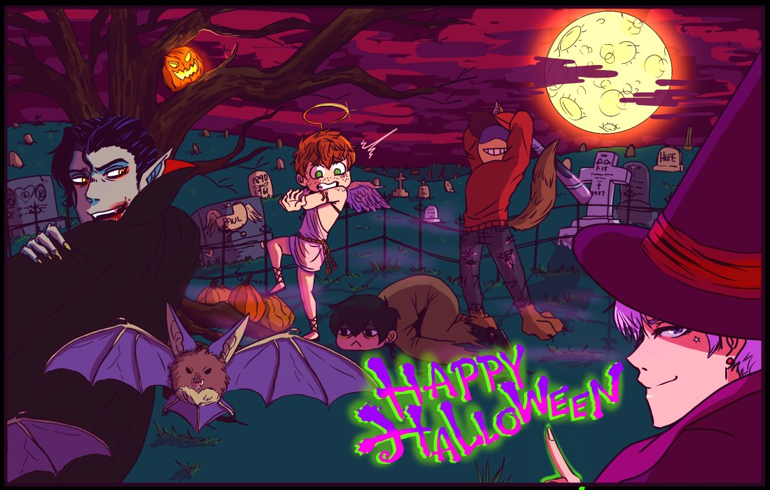 KnKGameStudio's tweet photo. From all of our staff to you: 
🦇 Happy Halloween! 🦇
   🖤💜🖤💜🖤💜🖤
#halloween2019 #indiedev #otome https://t.co/r91Ba5I9Hu