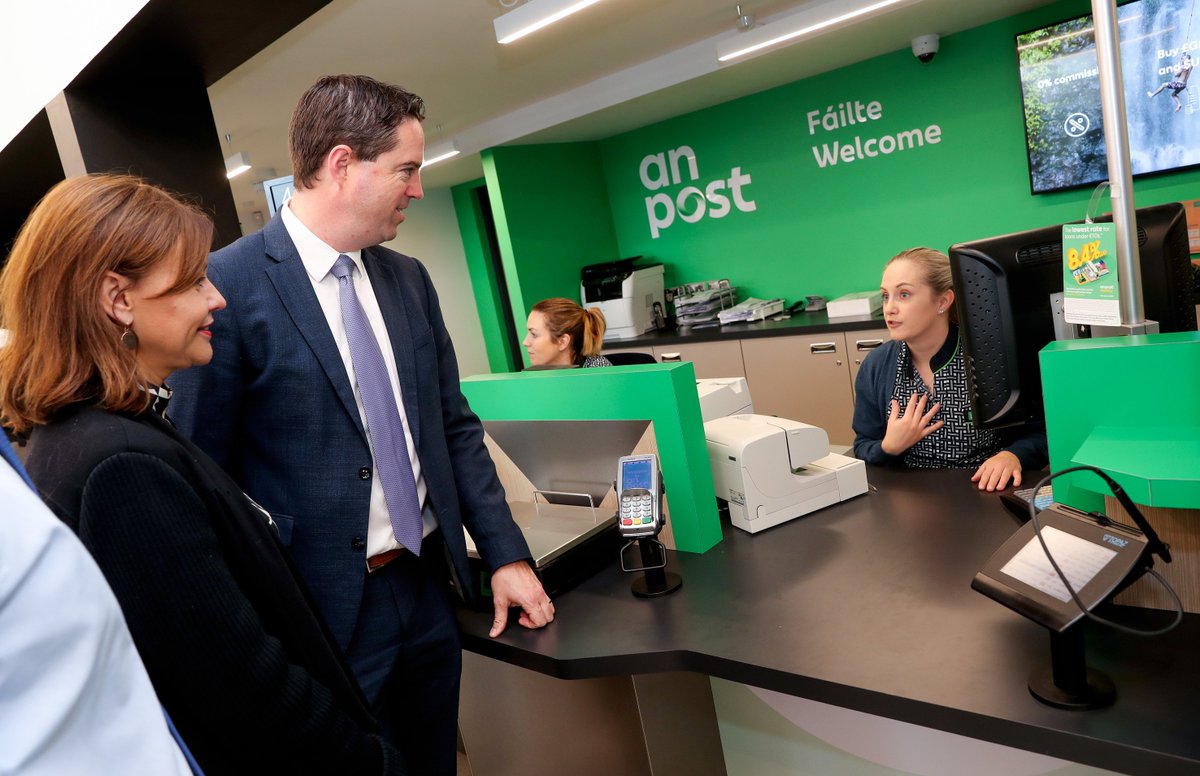 Postvox's tweet photo. Quite a day in Newbridge, Co., Kildare where we formally opened our latest concept post office #Foryourworld #AnPostMoney Local TD @martinheydonfg dropped by to see, first hand, our investment in the town https://t.co/VgFf72tbBg