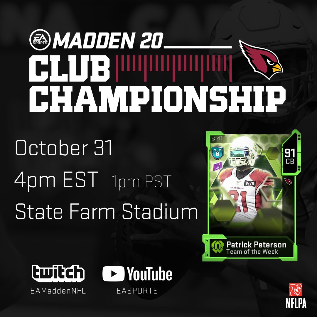 The Cardinals Club Championship is here! RT &amp; comment for a chance to win Patrick Peterson! 

Watch live: twitch.tv/eamaddennfl  #HappyHalloween