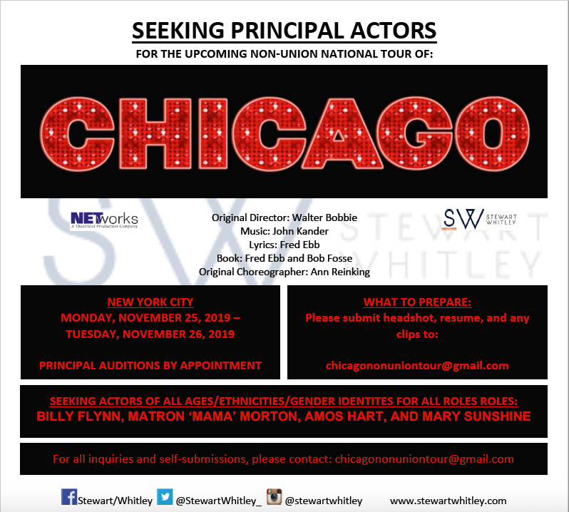 Are you the name on everybody’s lips? Show us your RAZZLE DAZZLE at our upcoming CHICAGO Non-Union National Tour auditions! 💃🏼👠🔪✨💄👯‍♀️🎶